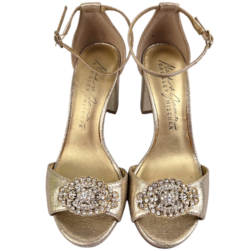 Mark & James Badgley Mischka Size 5.5 Gold Medallion Jewel Ankle Strap Heels